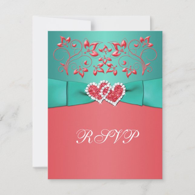 Coral, Teal Floral Joined Hearts RSVP Card (Front)