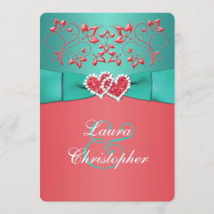 Coral Teal Floral Joined Hearts Wedding Invitation