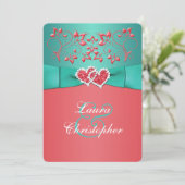 Coral Teal Floral Joined Hearts Wedding Invitation (Standing Front)