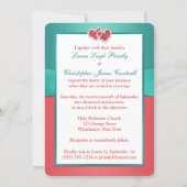 Coral Teal Floral Joined Hearts Wedding Invitation (Back)