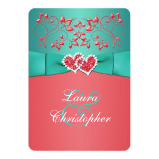 Coral Teal Floral Joined Hearts Wedding Invitation