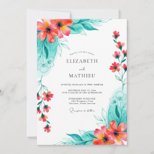 Coral Teal Floral Romance Wedding Invitation