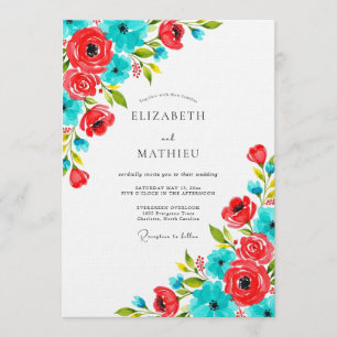 Coral & Teal Floral Whimsy Wedding Invitation