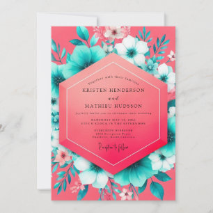 Coral Teal Floral Whimsy Wedding Invitation