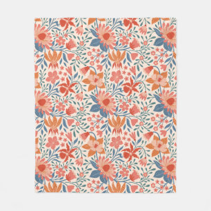 Coral & Teal Garden Blooms on Soft Beige Fleece Blanket