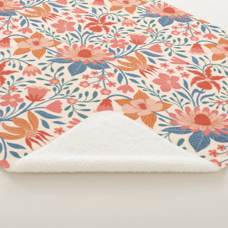Coral & Teal Garden Blooms on Soft Beige Sherpa Blanket