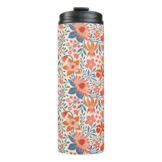 Coral & Teal Garden Blooms on Soft Beige Thermal Tumbler