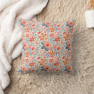 Coral & Teal Garden Blooms on Soft Beige Throw Pillow