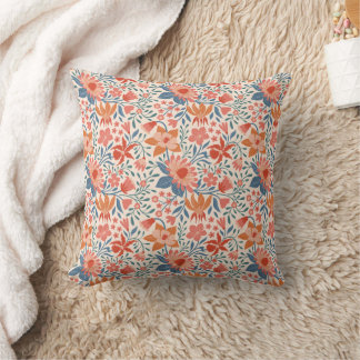 Coral & Teal Garden Blooms on Soft Beige Throw Pillow