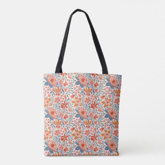 Coral & Teal Garden Blooms on Soft Beige Tote Bag