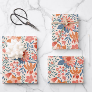 Coral & Teal Garden Blooms on Soft Beige Wrapping Paper Sheets