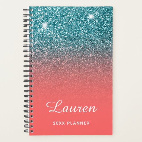 Coral Teal Glitter Ombre Personalized Planner
