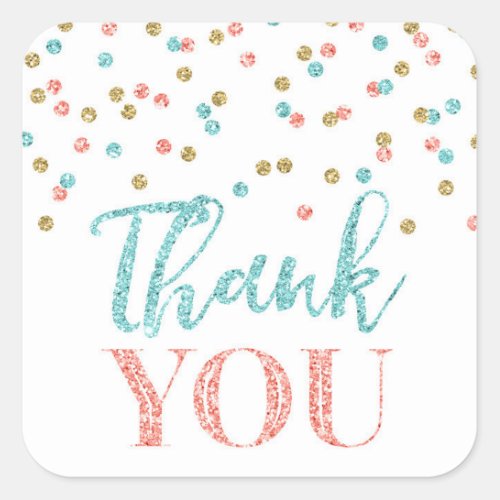 Coral Teal Gold Confetti Thank You Favor Sticker