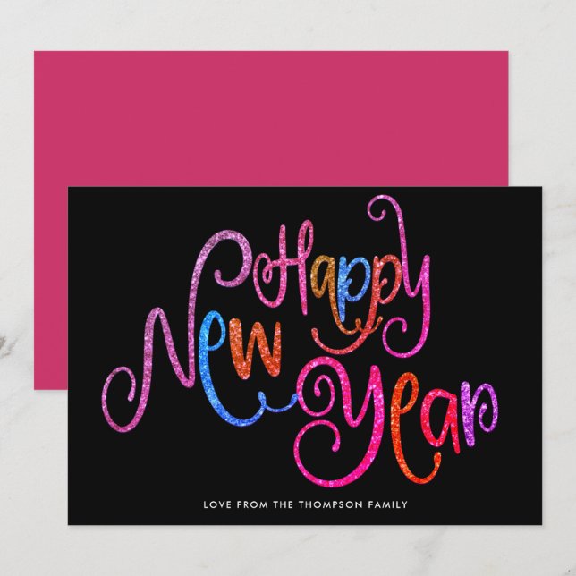 Coral Teal Gold Glitter Happy New Year Text Black Holiday Card (Front/Back)