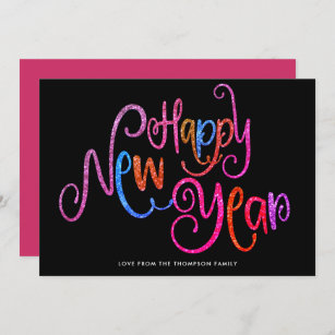 Coral Teal Gold Glitter Happy New Year Text Black Holiday Card
