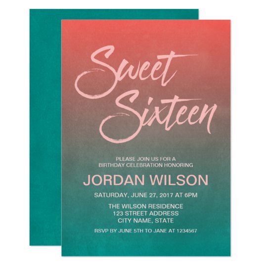 Coral & Teal Gradient Sweet 16 Birthday Invitation