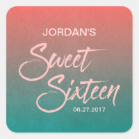 Coral & Teal Gradient Sweet 16 Birthday Square Sticker