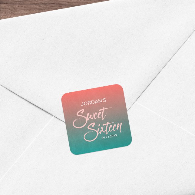 Coral & Teal Gradient Sweet 16 Birthday Square Sticker (Creator Uploaded)