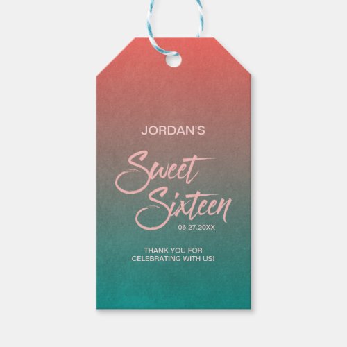 Coral  Teal Gradient Sweet 16 Birthday Thank You Gift Tags