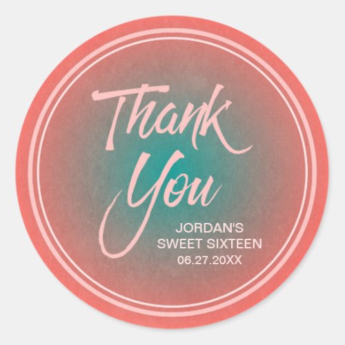 Coral  Teal Gradient Sweet 16 Thank You Classic Round Sticker