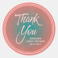 Coral & Teal Gradient Sweet 16 Thank You Classic Round Sticker