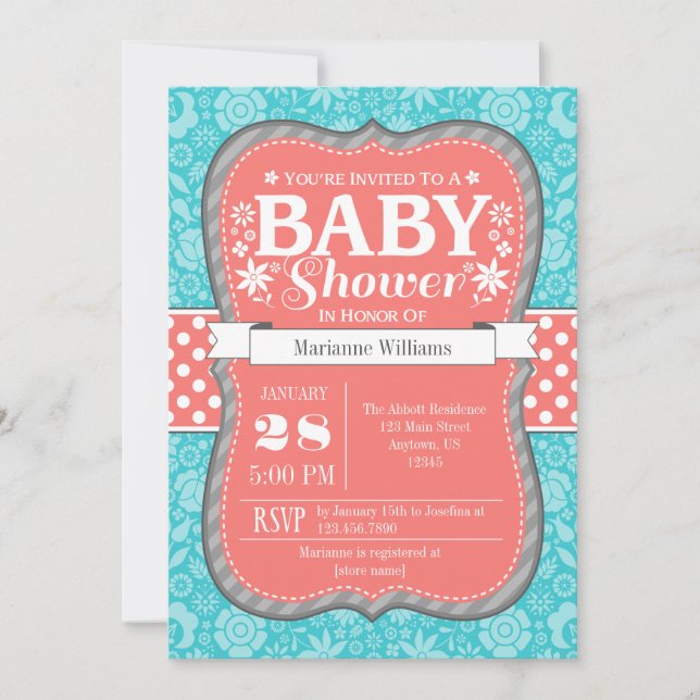Coral Teal Gray Floral Flower Baby Shower Invite (Front)