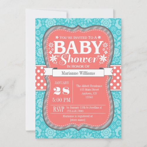 Coral Teal Gray Floral Flower Baby Shower Invite