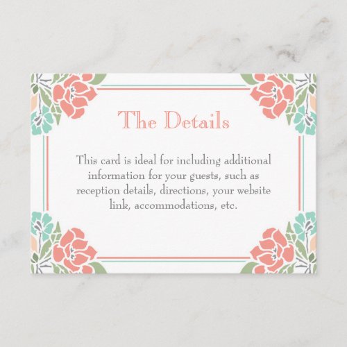 Coral Teal Green Modern Floral Wedding Enclosure Card