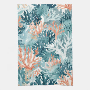 Coral Teal Green Orange Beachy Kitchen Towel