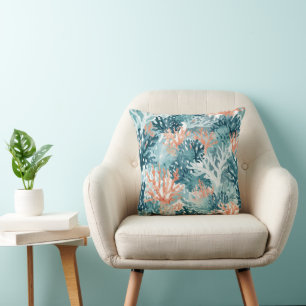Coral Teal Green Orange Beachy Throw Pillow
