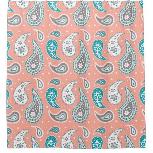 Coral Teal Grey Paisley Pattern Shower Curtain