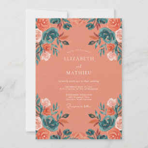Coral Teal Leafy Wedding Invitation