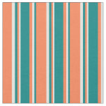 [ Thumbnail: Coral, Teal & Light Cyan Colored Lined Pattern Fabric ]