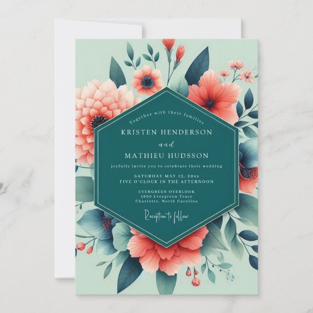 Coral Teal Lush Floral Wedding Invitation (Front)