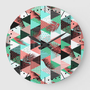 Coral Teal Memphis Style Triangles Large Clock