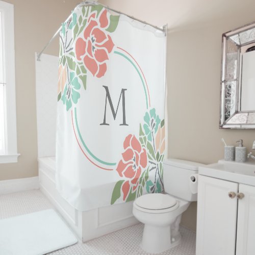 Coral  Teal Modern Floral Shower Curtain