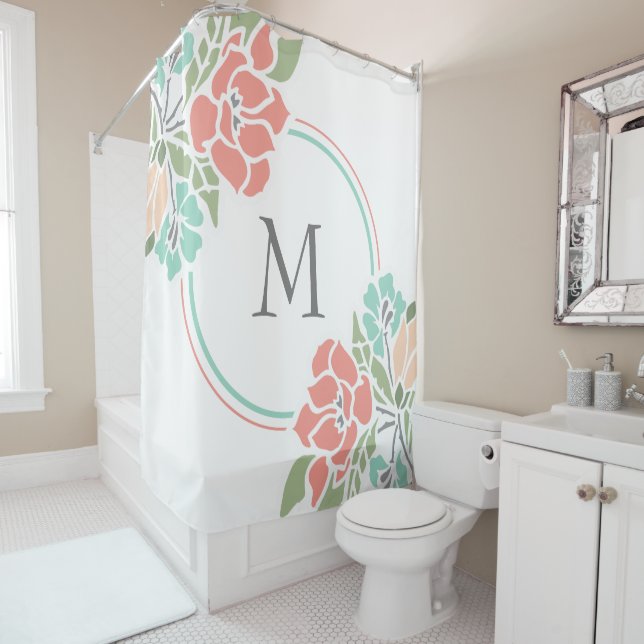 Coral & Teal Modern Floral Shower Curtain (In Situ)