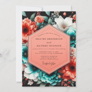 Coral Teal Nocturne Flora Wedding Invitation