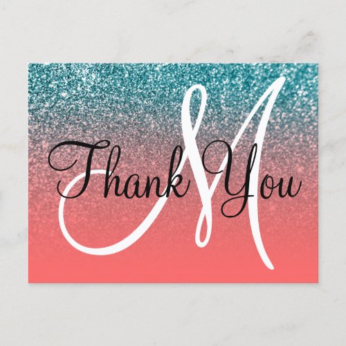 Coral Teal Ombre Glitter Monogram Thank You Postcard
