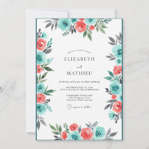 Coral Teal Painterly Flourish Wedding Invitation