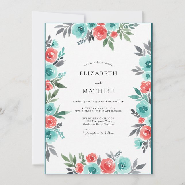 Coral Teal Painterly Flourish Wedding Invitation (Front)
