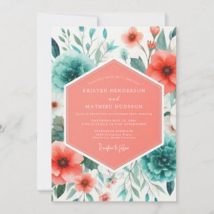 Coral Teal Painterly Poppy Wedding Invitation