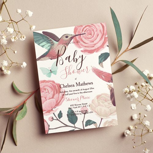 Coral teal pink hummingbird floral Baby Shower Invitation