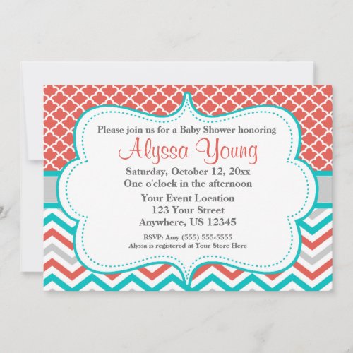 Coral Teal Quatrefoil Chevron Invitation Custom Announcements