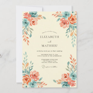 Coral Teal Ranunculus Grey Eucalyptus Wedding Invitation