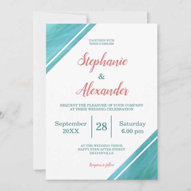 Coral Teal Script Wedding Invitation (Front)