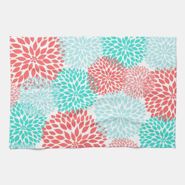 Coral Teal Seafoam dahlias kitchen decor Towel (Horizontal)