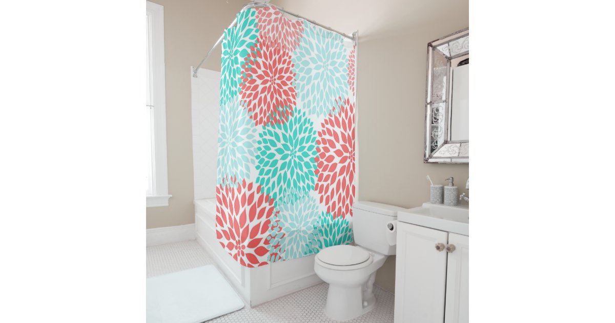 Coral Teal Seafoam Floral bathroom decor, Shower Curtain ...