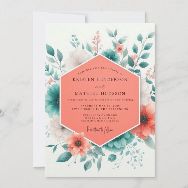 Coral Teal Spring Bloom Wedding Invitation (Front)