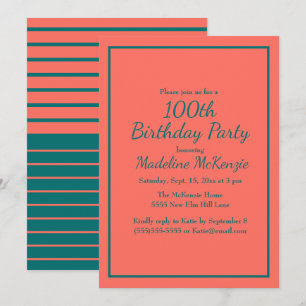 Coral Teal Striped 100th Birthday Party Invite